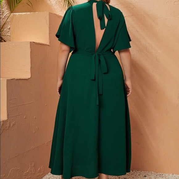 Black plus size ruffle sleeves embroidered belted dress - Picture 10 of 15